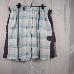 Sonoma Board Shorts Blue Gray Green White Plaid 1 Pocket Trunk w Mesh Men Sz L